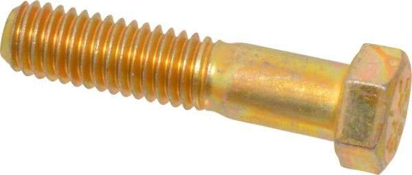 Made in USA - 7/16-14 UNC, 2" Length Under Head Hex Head Cap Screw - Partially Threaded, Grade 8 Alloy Steel, Zinc Yellow Dichromate Finish, 5/8" Hex - Apex Tool & Supply