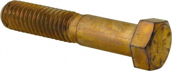 Made in USA - 7/16-14 UNC, 2-1/4" Length Under Head Hex Head Cap Screw - Partially Threaded, Grade 8 Alloy Steel, Zinc Yellow Dichromate Finish, 5/8" Hex - Apex Tool & Supply