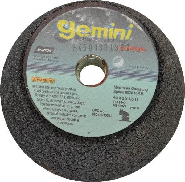 Norton - 4" Diam, 2" Overall Thickness, 16 Grit, Type 11 Tool & Cutter Grinding Wheel - Very Coarse Grade, Aluminum Oxide, Q Hardness, 9,070 RPM - Apex Tool & Supply