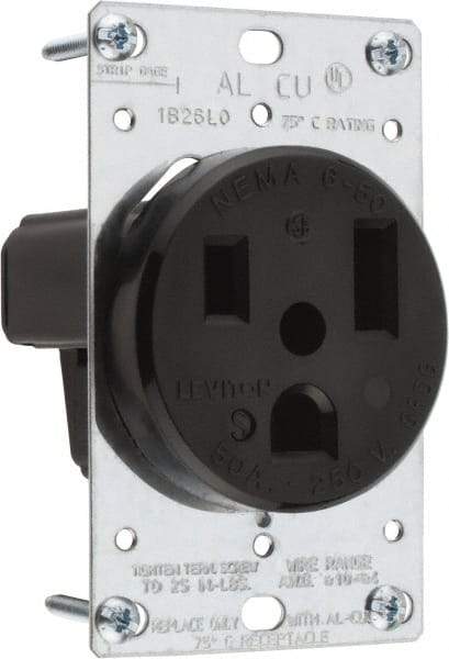 Leviton - 250 VAC, 50 Amp, 6-50P NEMA Configuration, Black, Industrial Grade, Self Grounding Single Receptacle - 1 Phase, 2 Poles, 3 Wire, Flush Mount, Tamper Resistant - Apex Tool & Supply
