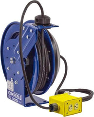 CoxReels - 12 AWG, 100' Cable Length, Cord & Cable Reel with Quad Outlet End - 4 Outlets, NEMA 5-20R, 20 Amps, 115 Volts, SJO Cable, Blue Reel, Spring Driven Reel - Apex Tool & Supply