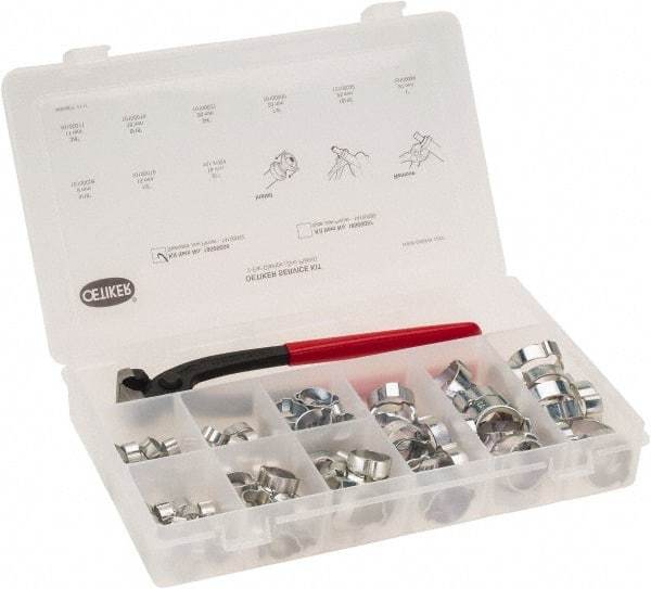 Oetiker - 124 Piece, 5/16 to 1" Diam, 2-Ear Service Clamp Kit - 123 Clamps & 1 Standard Jaw Pincers - Apex Tool & Supply