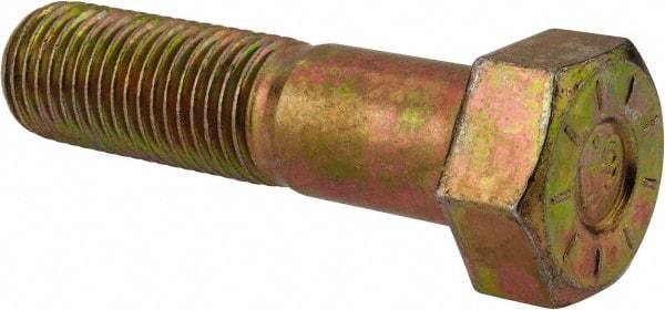Made in USA - 1-1/4 - 7 UNC, 5" Length Under Head Hex Head Cap Screw - Partially Threaded, Grade L9 Alloy Steel, Zinc Yellow Dichromate Finish, 1-7/8" Hex - Apex Tool & Supply