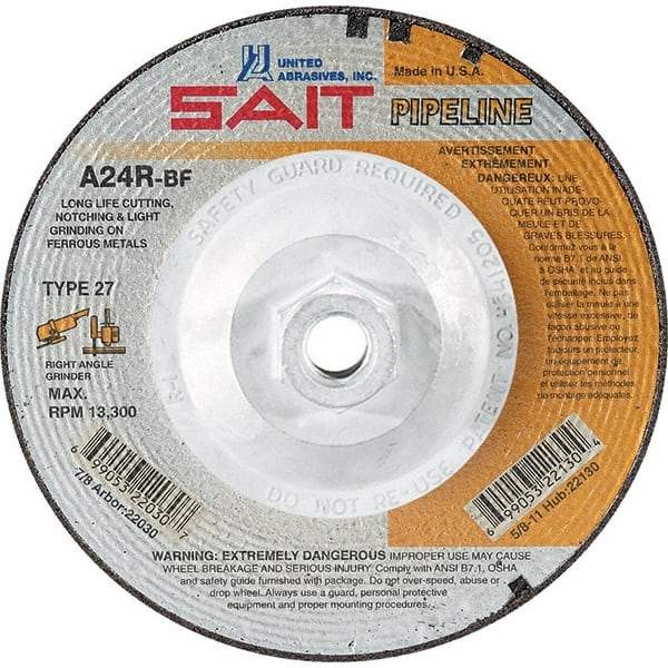 Sait - 24 Grit, 7" Wheel Diam, 1/8" Wheel Thickness, Type 27 Depressed Center Wheel - Aluminum Oxide, Resinoid Bond, R Hardness, 8,500 Max RPM, Compatible with Angle Grinder - Apex Tool & Supply