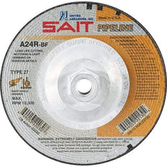 Sait - 24 Grit, 9" Wheel Diam, 1/8" Wheel Thickness, Type 27 Depressed Center Wheel - Aluminum Oxide, Resinoid Bond, R Hardness, 6,600 Max RPM, Compatible with Angle Grinder - Apex Tool & Supply