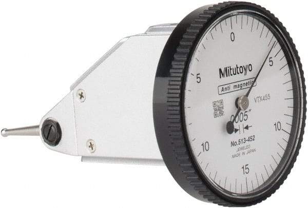 Mitutoyo - 0.03 Inch Range, 0.0005 Inch Dial Graduation, Vertical Dial Test Indicator - 1.5748 Inch White Dial, 0-15-0 Dial Reading, Accurate to 0.0005 Inch - Apex Tool & Supply