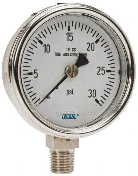 Wika - 2-1/2" Dial, 1/4 Thread, 0-30 Scale Range, Pressure Gauge - Lower Connection Mount, Accurate to 2-1-2% of Scale - Apex Tool & Supply