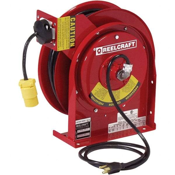 Reelcraft - 16 AWG, 50' Cable Length, Cord & Cable Reel with Single Nema 5-15 End - 1 Outlet, NEMA 4, 13 Amps, 125 Volts, SJTOW Cable, Red Reel, Spring Driven Reel - Apex Tool & Supply
