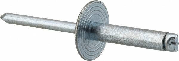 RivetKing - Size 610 Large Flange Dome Head Steel Open End Blind Rivet - Steel Mandrel, 0.501" to 5/8" Grip, 5/8" Head Diam, 0.192" to 0.196" Hole Diam, 0.825" Length Under Head, 3/16" Body Diam - Apex Tool & Supply