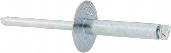 RivetKing - Size 612 Large Flange Dome Head Steel Open End Blind Rivet - Steel Mandrel, 0.626" to 3/4" Grip, 5/8" Head Diam, 0.192" to 0.196" Hole Diam, 0.95" Length Under Head, 3/16" Body Diam - Apex Tool & Supply