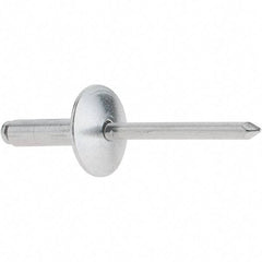 RivetKing - Size 68 Large Flange Dome Head Aluminum Open End Blind Rivet - Aluminum Mandrel, 0.376" to 1/2" Grip, 5/8" Head Diam, 0.192" to 0.196" Hole Diam, 0.7" Length Under Head, 3/16" Body Diam - Apex Tool & Supply
