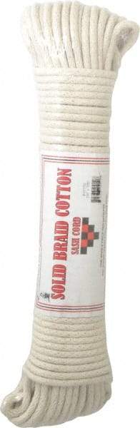 Made in USA - 100' Max Length Cotton Solid Braided Cotton Cord with Reinforced Core - 1/4" Diam, 400 Lb Capacity - Apex Tool & Supply