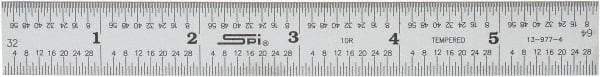 SPI - 6" Long, 1/64, 1/32" Graduation, Rigid Spring Steel Rule - 10R Graduation Style, 3/4" Wide, Silver, Satin Chrome Finish - Apex Tool & Supply