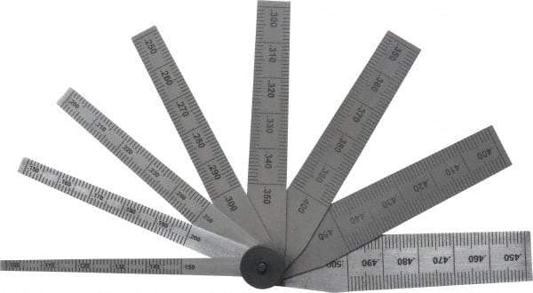 SPI - 0.1 to 0.5 Inch Measurement, 8 Leaf Taper Gage - 2-1/2 Inch Long, Tempered Steel, 0.001 Inch Graduation - Apex Tool & Supply