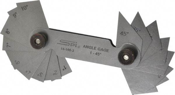 SPI - 20 Piece Spring Steel Angle Gage Set - 1 to 45° Primary Angle - Apex Tool & Supply