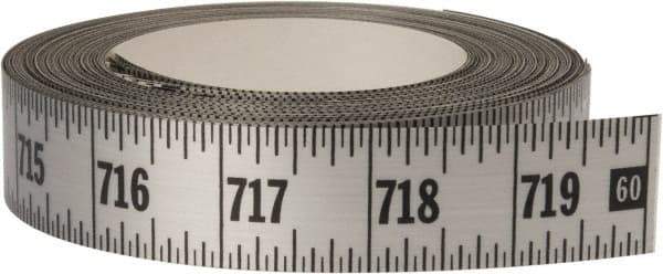 Made in USA - 60 Ft. Long x 1 Inch Wide, 1/16 Inch Graduation, Silver, Mylar Adhesive Tape Measure - Reads Left to Right, Horizontal Scale - Apex Tool & Supply
