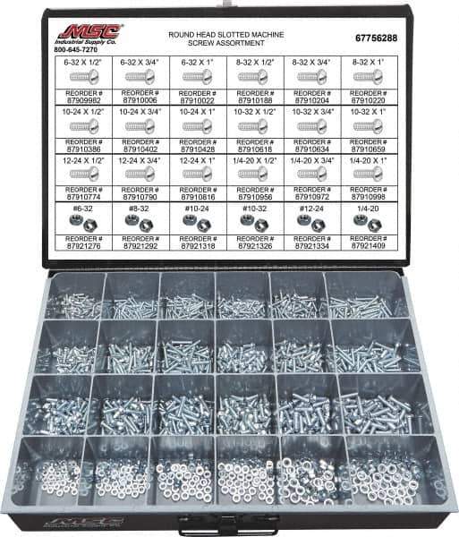 Value Collection - 1,200 Piece, #6-32 to 1/4-20, Steel Machine Screw Assortment - Round Head, Slotted Drive, 1/2 to 1" Long, Grade 2 - Apex Tool & Supply