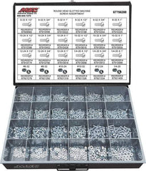 Value Collection - 1,200 Piece, #6-32 to 1/4-20, Steel Machine Screw Assortment - Round Head, Slotted Drive, 1/2 to 1" Long, Grade 2 - Apex Tool & Supply