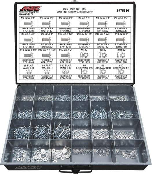 Value Collection - 1,200 Piece, #6-32 to #10-32, Steel Machine Screw Assortment - Pan Head, Phillips Drive, 1/4 to 2" Long, Grade 2 - Apex Tool & Supply