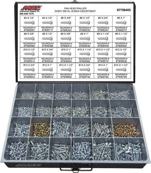 Value Collection - 2,000 Piece, #4x1/4 to #10 x 1-1/4, Steel Sheet Metal Screw Assortment - Pan Head, Phillips Drive, 1/4 to 1-1/2" Long, Grade 2 - Apex Tool & Supply