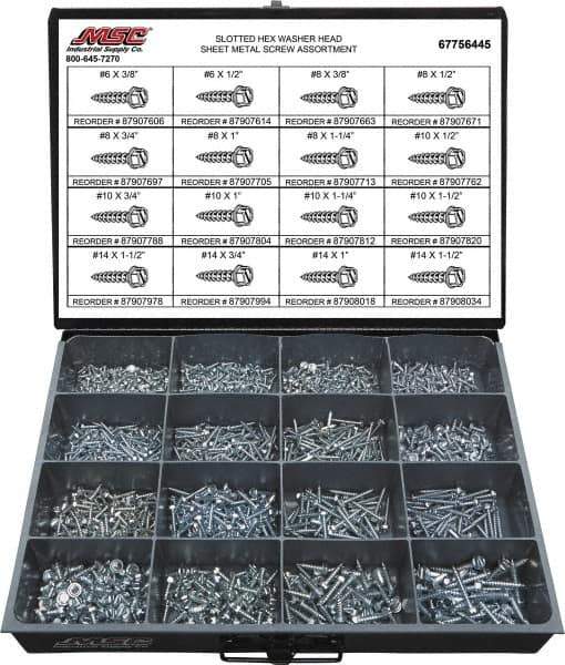 Value Collection - 1,350 Piece, #6x3/8 to #14 x 1-1/2, Steel Sheet Metal Screw Assortment - Hex Washer Head, Slotted Drive, 3/8 to 1-1/2" Long, Grade 2 - Apex Tool & Supply
