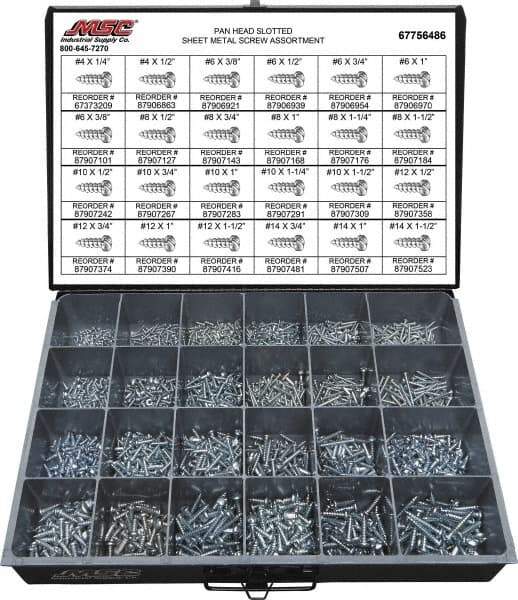 Value Collection - 2,000 Piece, #4x1/4 to #10 x 1-1/4, Steel Sheet Metal Screw Assortment - Pan Head, Slotted Drive, 1/4 to 1-1/2" Long, Grade 2 - Apex Tool & Supply