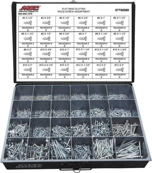 Value Collection - 2,400 Piece, #4x1/2 to #10 x 1-1/4, Steel Wood Screw Assortment - Flat Head, Slotted Drive, 1/2 to 3" Long, Grade 2 - Apex Tool & Supply
