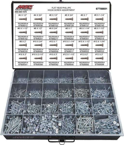 Value Collection - 2,400 Piece, #4x1/2 to #10 x 1-1/4, Steel Wood Screw Assortment - Flat Head, Phillips Drive, 1/2 to 3" Long, Grade 2 - Apex Tool & Supply