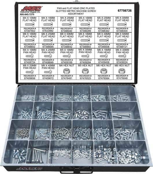 Value Collection - 590 Piece, M4x10.00 to M8x50.00, Steel Machine Screw Assortment - Flat & Pan Head, Slotted Drive, 10 to 50mm Long, Grade 2 - Apex Tool & Supply
