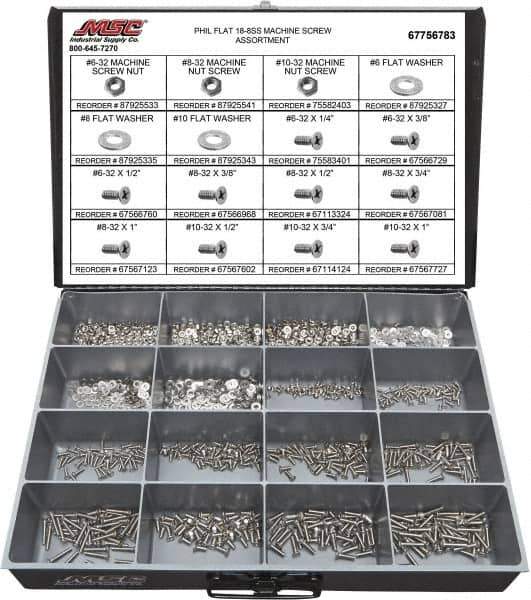Value Collection - 1,400 Piece, #6-32 to #10-32, Stainless Steel Machine Screw Assortment - Flat Head, Phillips Drive, 1/4 to 1" Long, Grade 18-8 - Apex Tool & Supply