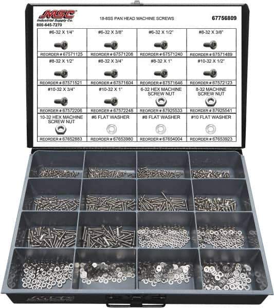 Value Collection - 1,400 Piece, #6-32 to #10-32, Stainless Steel Machine Screw Assortment - Pan Head, Phillips Drive, 1/4 to 1" Long, Grade 18-8 - Apex Tool & Supply