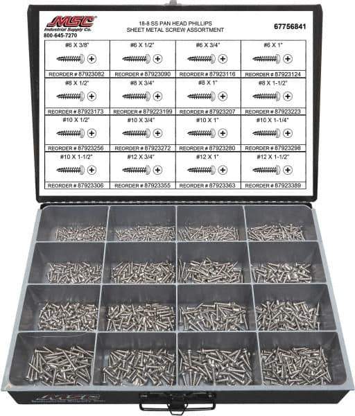 Value Collection - 1,300 Piece, #6x3/8 to #12 x 1-1/2, Stainless Steel Sheet Metal Screw Assortment - Pan Head, Phillips Drive, 3/8 to 1-1/2" Long, Grade 18-8 - Apex Tool & Supply