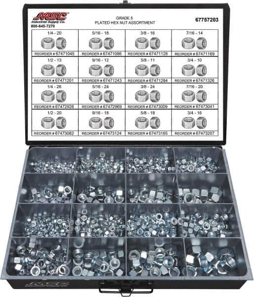 Value Collection - 1/4-20 to 3/4-16 Thread, 870 Piece Alloy Steel Nut Assortment - Grade 5 - Apex Tool & Supply
