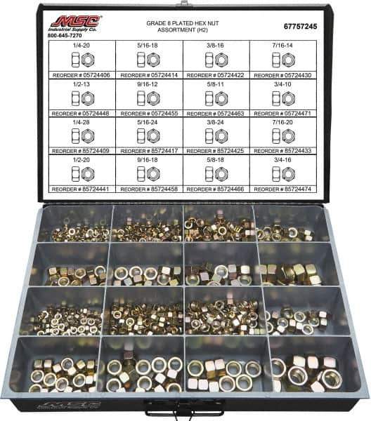 Value Collection - 1/4-20 to 3/4-16 Thread, 765 Piece Alloy Steel Nut Assortment - Grade 8 - Apex Tool & Supply