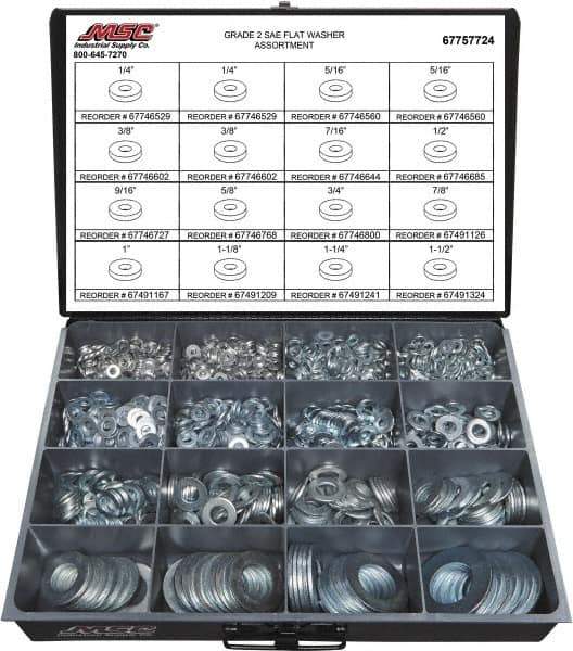 Value Collection - 1840 Piece, 1/4 to 1-1/2" Screw, Grade 2 Steel SAE Flat Washer Assortment - Includes 1/4 to 1-1/2" Screw & Compartmented Storage Case - Apex Tool & Supply