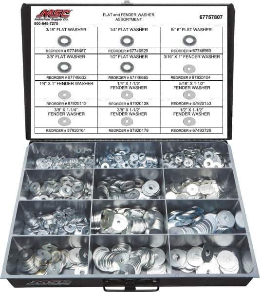 Value Collection - 1275 Piece, No. 10, 1/2" Screw, Grade 2 Steel Fender & Flat Washer Assortment - Includes 1/4 to 5/16 x 1-1/2" Screw & Compartmented Storage Case - Apex Tool & Supply