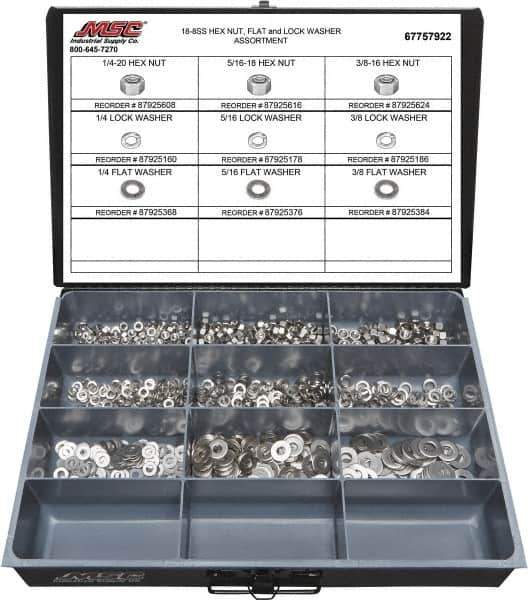 Value Collection - 1/4-20 to 3/8-16 Thread, 750 Piece Stainless Steel Nut & Washer Assortment - Grade 18-8 - Apex Tool & Supply