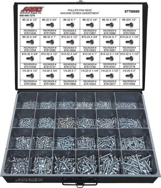 Value Collection - 1,200 Piece, #6-32 to 1/4-20, Steel Machine Screw Assortment - Pan Head, Phillips Drive, 1/2 to 2" Long, Grade 2 - Apex Tool & Supply