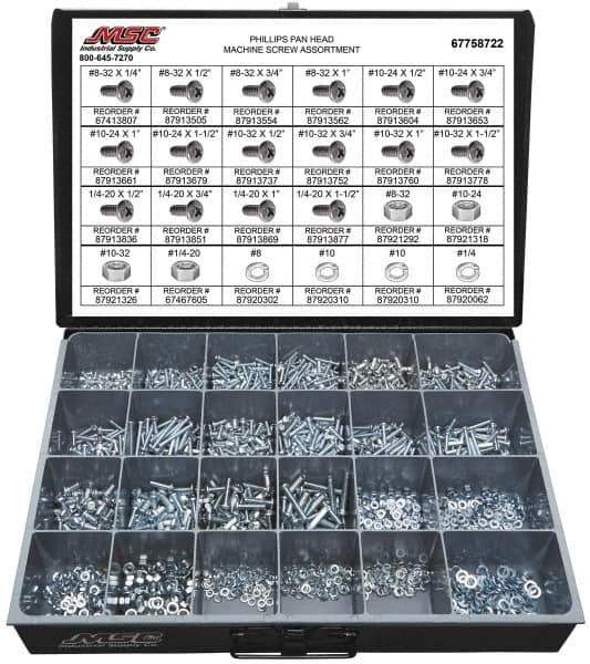 Value Collection - 1,975 Piece, #8-32 to 1/4-20, Steel Machine Screw Assortment - Pan Head, Phillips Drive, 1/4 to 1-1/2" Long, Grade 2 - Apex Tool & Supply