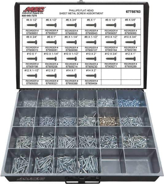Value Collection - 1,200 Piece, #4x1/2 to #10x2, Steel Sheet Metal Screw Assortment - Flat Head, Phillips Drive, 1/2 to 2" Long, Grade 2 - Apex Tool & Supply