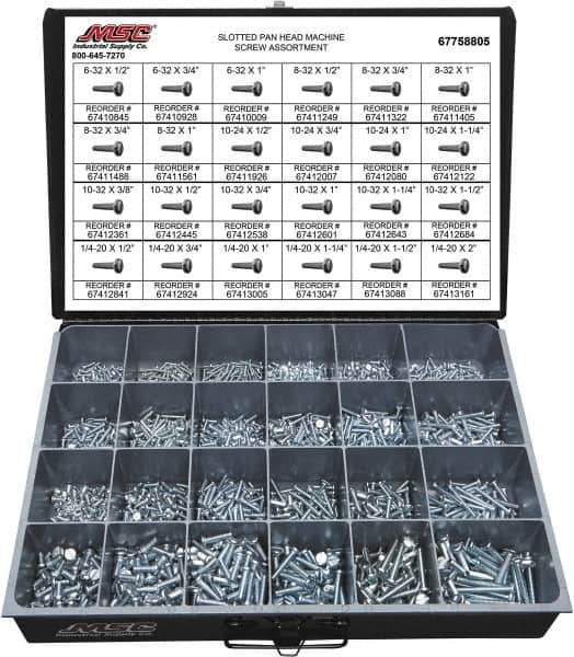 Value Collection - 2,100 Piece, #6-32 to 1/4-20, Steel Machine Screw Assortment - Pan Head, Slotted Drive, 1/2 to 2" Long, Grade 2 - Apex Tool & Supply