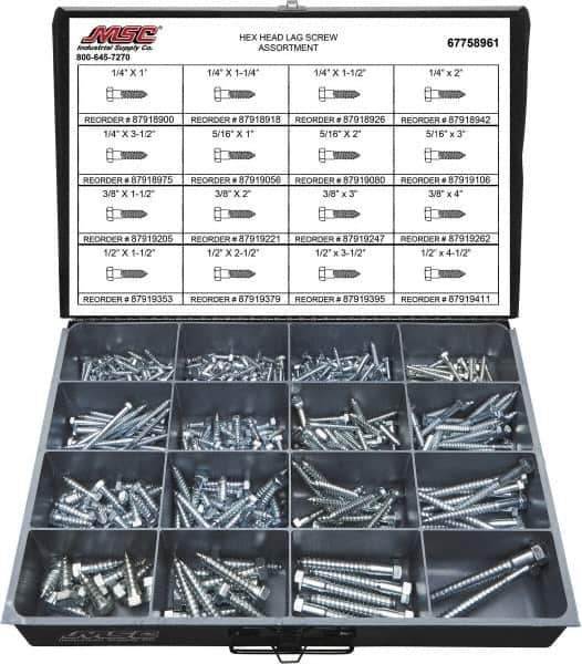 Value Collection - 375 Piece, 1/4x1 to 1/2 x 4-1/2, Steel Lag Screw Assortment - Hex Head, Hex Drive, 1 to 4-1/2" Long, Grade 2 - Apex Tool & Supply