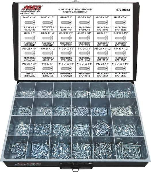 Value Collection - 1,500 Piece, #4-40 to #12-24, Steel Machine Screw Assortment - Flat Head, Slotted Drive, 1/4 to 1-1/2" Long, Grade 2 - Apex Tool & Supply