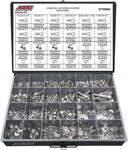 Value Collection - 1,350 Piece Stainless Steel Hex Head Cap Screws - 1/4-20 to 1/2-13 Thread, 18-8 - Apex Tool & Supply