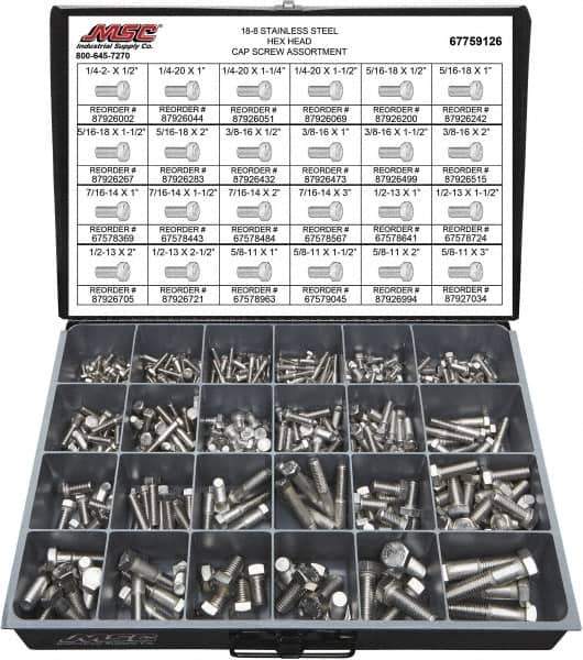 Value Collection - 375 Piece Stainless Steel Hex Head Cap Screws - 1/4-20 to 5/8-11 Thread, 18-8 - Apex Tool & Supply