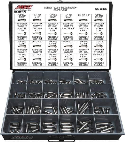 Value Collection - 190 Piece, 1/4x3/8 to 3/8 x 1-1/2, Alloy Steel Shoulder Screw Assortment - Socket Cap Head, Hex Socket Drive, 3/8 to 2" Long - Apex Tool & Supply
