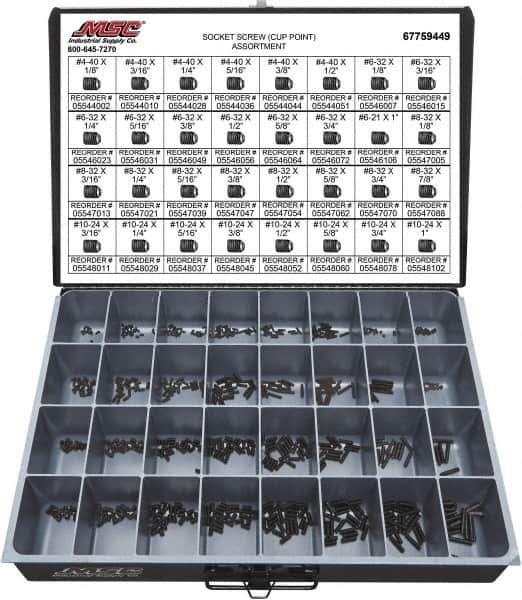 Value Collection - 710 Piece, #4-40 to #10-24, Alloy Steel Set Screw Assortment - Hex Head, Hex Socket Drive, 1/8 to 1" Long - Apex Tool & Supply