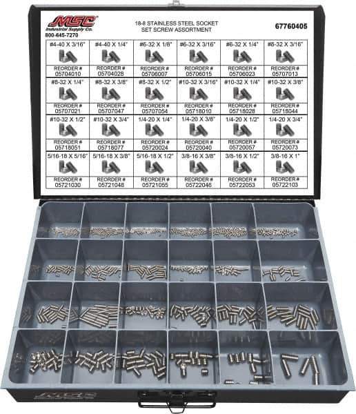 Value Collection - 685 Piece, #4-40 to 3/8-16, Stainless Steel Set Screw Assortment - Hex Head, Hex Socket Drive, 3/16 to 1" Long, Grade 18-8 - Apex Tool & Supply