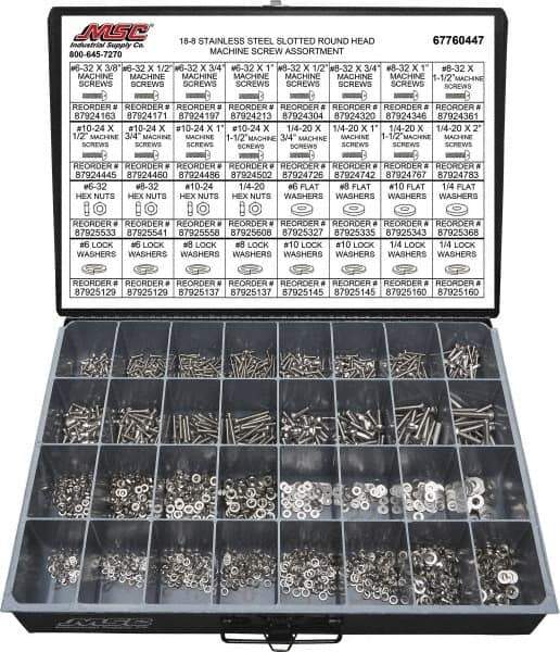 Value Collection - 2,200 Piece, #6-32 to 1/4-20, Stainless Steel Machine Screw Assortment - Round Head, Slotted Drive, 1/2 to 2" Long, Grade 18-8 - Apex Tool & Supply