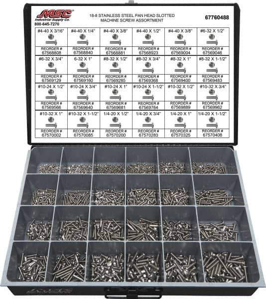 Value Collection - 1,950 Piece, #4-40 to 1/4-20, Stainless Steel Machine Screw Assortment - Pan Head, Slotted Drive, 3/16 to 1-1/2" Long, Grade 18-8 - Apex Tool & Supply